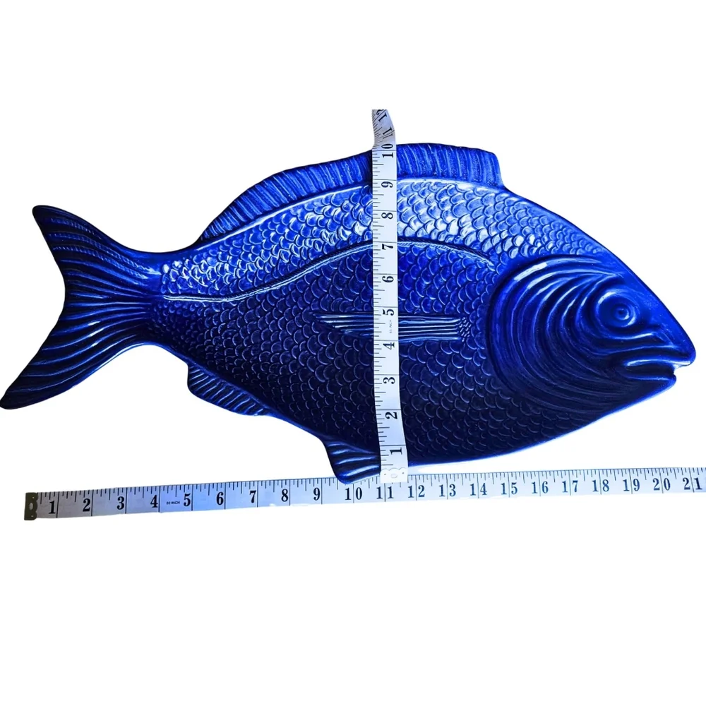 Large 21” Cobalt Blue Fish Platter | Vintage European Ceramic Serving Dish - Picture 3 of 5